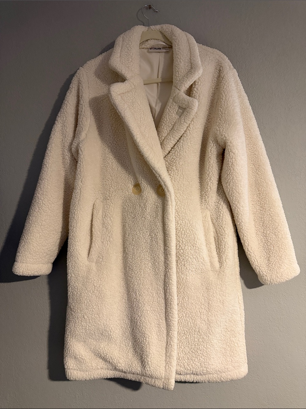 FILA Misty Cream Sherpa Teddy Coat White Double Breasted Cozy Fleece - Size S